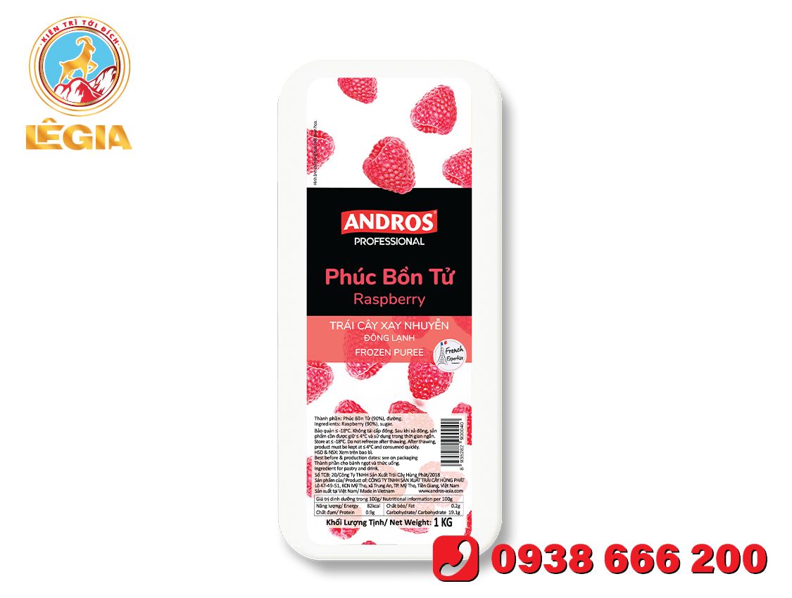 PHÚC BỒN TỬ XAY NHUYỄN ĐÔNG LẠNH ANDROS HỘP 1KG-RASPBERRY FROZEN PUREE 1kg