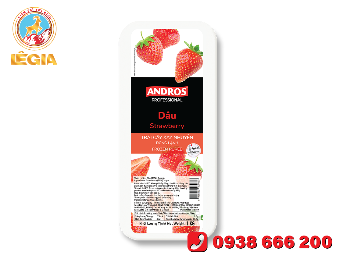 DÂU XAY NHUYỄN ĐÔNG LẠNH ANDROS HỘP 1KG/ Strawberry frozen Puree 1kg